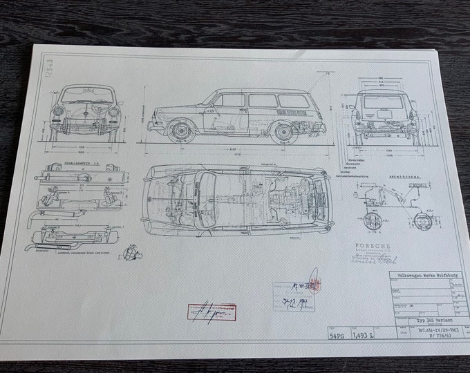 VW Type 36 Variant 1500 1963 station wagon construction drawing ART work blueprint