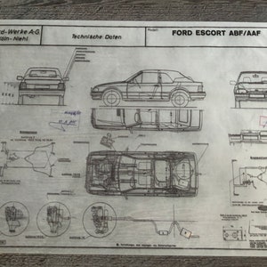 Ford Escort MK 4 Cabriolet 1986 construction drawing ART work blueprint