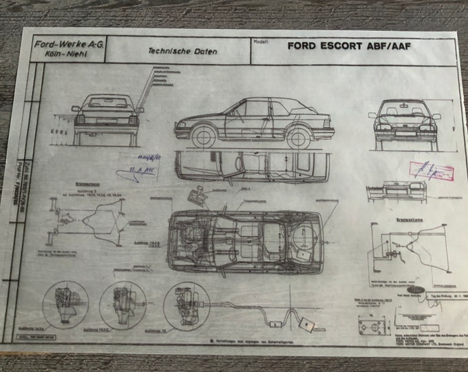 Ford Escort MK 4 Cabriolet 1986 construction drawing ART work blueprint