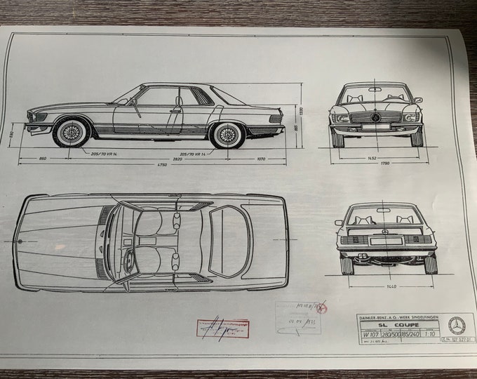 Mercedes W107/C107 Coupe 19732 SLC construction drawing ART work