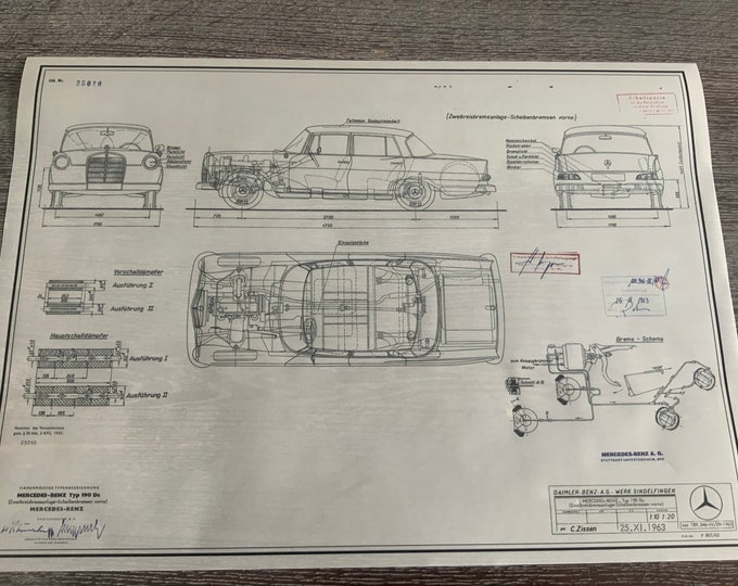 Mercedes W110 190 Dc 1963 construction drawing ART work blueprint