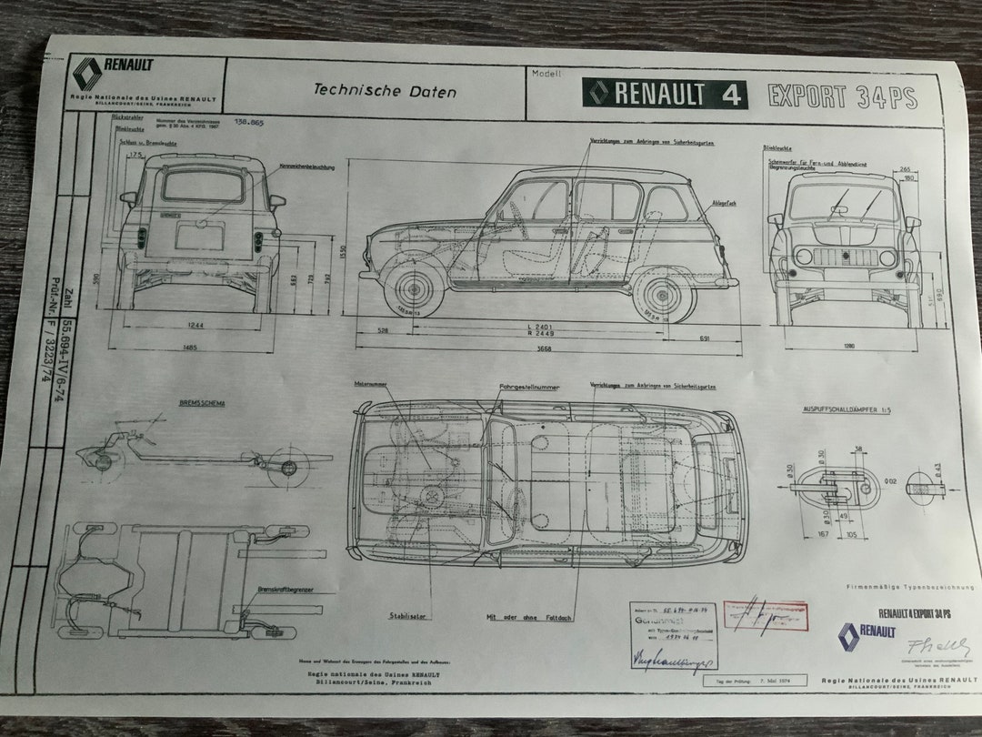 Renault R4 Export 34 HP 1974 Construction Drawing ART Work Blueprint ...