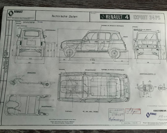 Renault R4 Export 34 HP 1974 construction drawing ART work blueprint