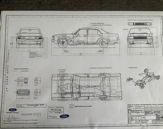 Ford Consul 2000 99PS 4 door 1972 construction drawing ART work blueprint