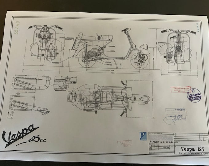 Vespa 125 1955 construction drawing ART work blueprint