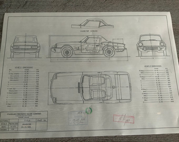 Triumph Roadster MKIV 1500 1971 construction drawing ART work blueprint
