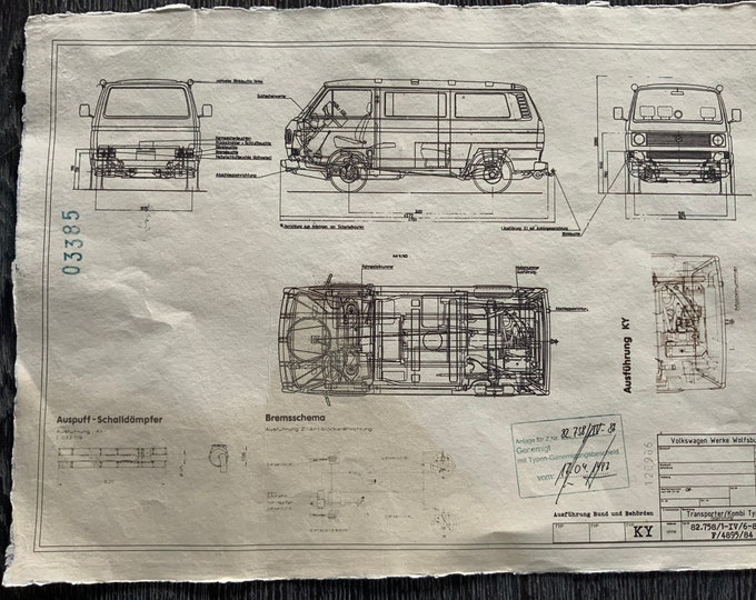 T3 Transporter Kombi 1984 construction drawing ART work Blueprint.