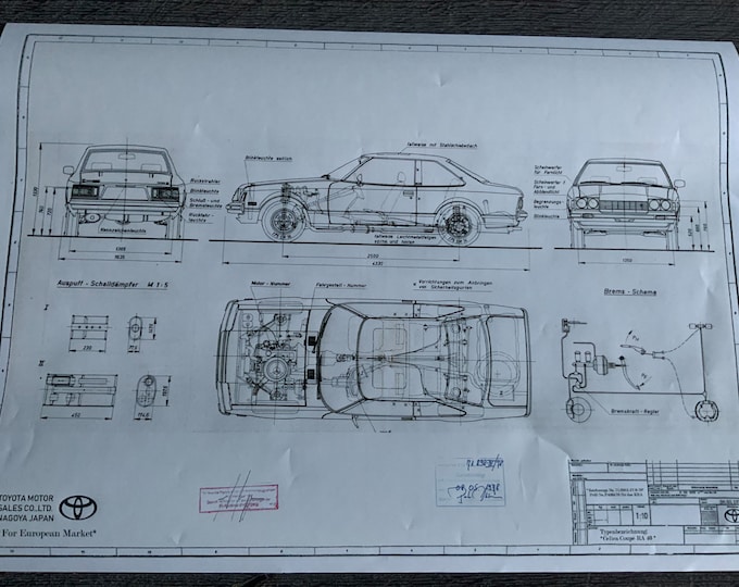 Toyota Celica RA 40 Coupe 1978 construction drawing ART work blueprint