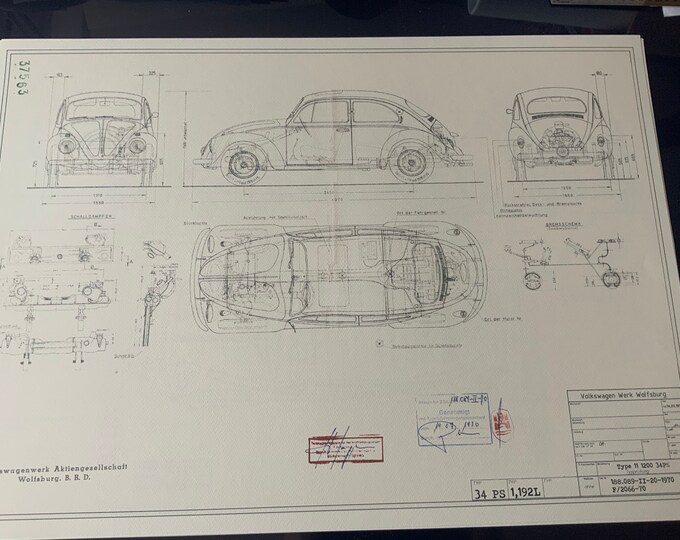 Beetle 1200 34 HP 1970 construction drawing ART work Blueprint 188089