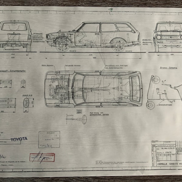 Toyota Corolla 1200 / 72 station wagon 1972 construction drawing ART work blueprint