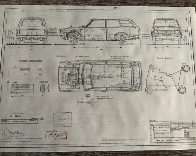 Toyota Corolla 1200 / 72 station wagon 1972 construction drawing ART work blueprint