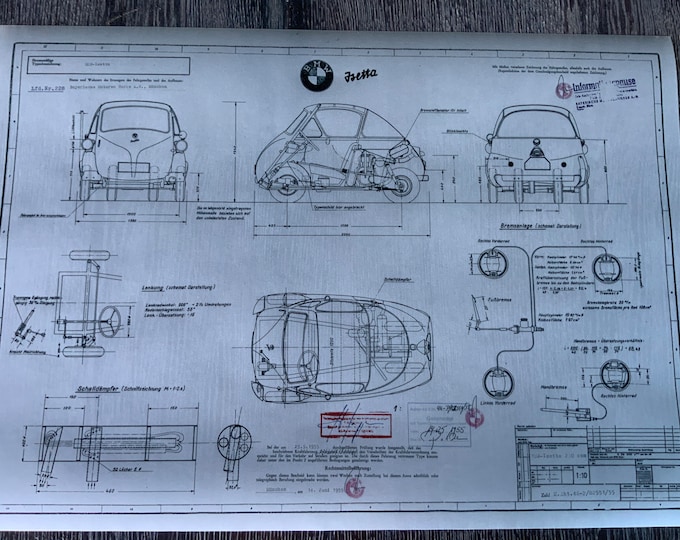 BMW Isetta 250 1955 Original Reproduction Construction Drawing ART work Blueprint