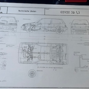 Honda Civic 3D 1,3 1983 Konstruktionszeichnung ART work Blueprint