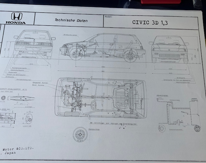 Honda Civic 3D 1.3 1983 construction drawing ART work Blueprint