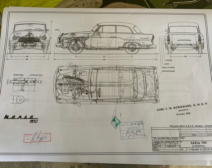 Borgward Hansa 1100 1959 construction drawing ART work blueprint