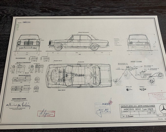 Mercedes Benz W 114 230 /8 Strich 8 1967 construction drawing ART work blueprint