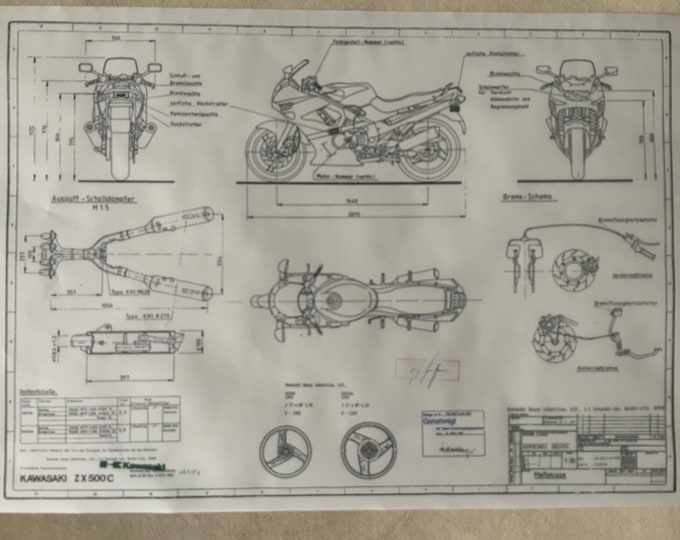 Kawasaki ZX 500 C 1990 construction drawing ART work blueprint
