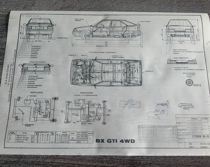 Citroen BX GTI 4WD 1989 construction drawing ART work blueprint