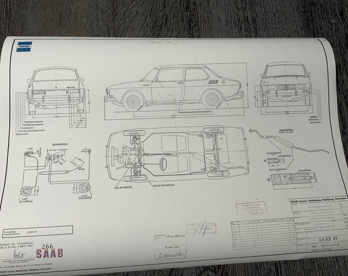 Saab 99 1969 construction drawing ART work Blueprint