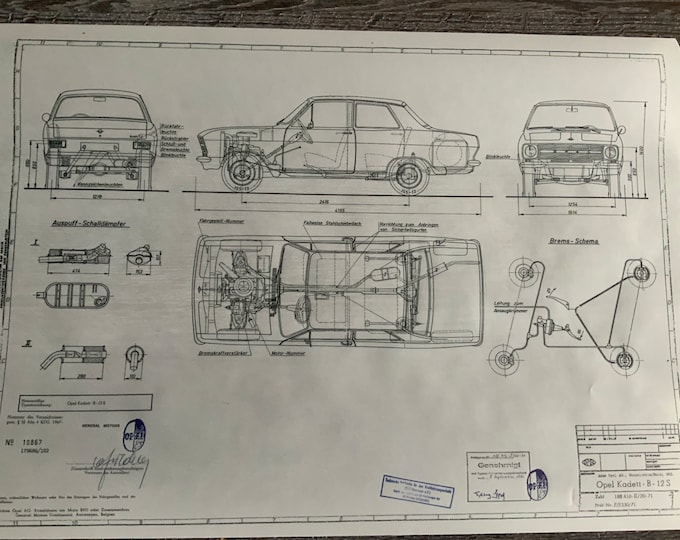 Opel Kadett B Limousine B12 S. 1971 construction drawing ART work blueprint