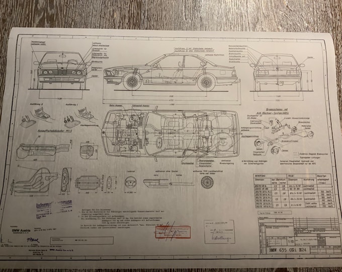 BMW E24 CSI 635 1982 Coupe construction drawing ART work Blueprint