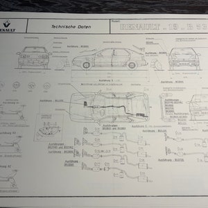 Puede incluir: Un dibujo técnico de un coche Renault 19 B53 con varias piezas etiquetadas. El dibujo muestra la parte delantera, trasera y la parte inferior del coche, con detalles del sistema de escape, la suspensión y otros componentes. El dibujo incluye números de pieza y descripciones.