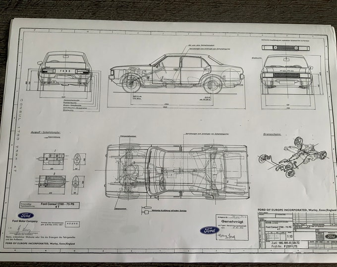 Ford Consul 1700 75HP 4 door 1972 construction drawing ART work blueprint