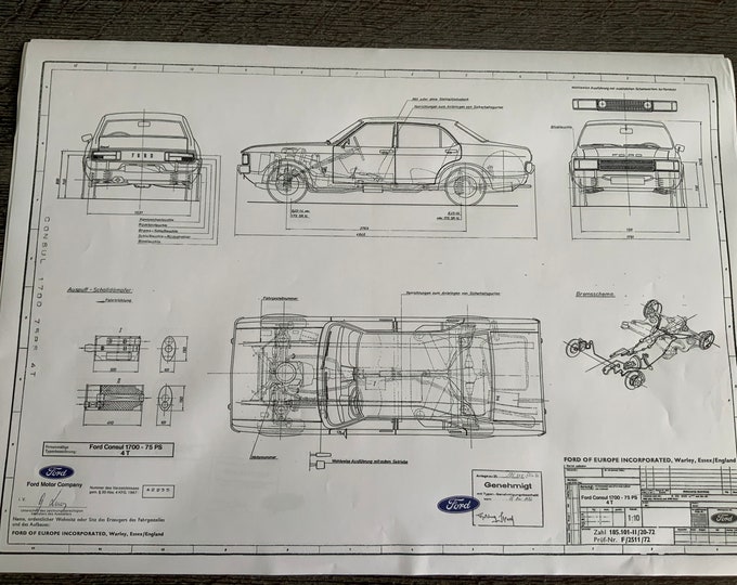 Ford Consul 1700 75PS 4 Door 1972 Construction Drawing ART work Blueprint