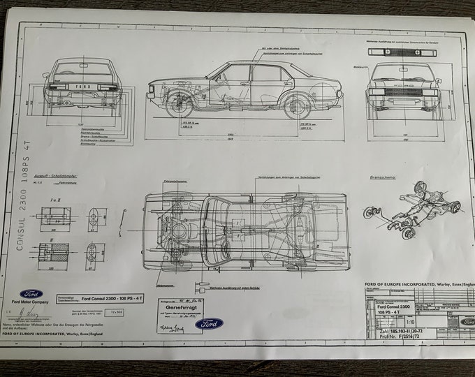 Ford Consul 2300 108PS 4 Door 1972 Construction Drawing ART work Blueprint