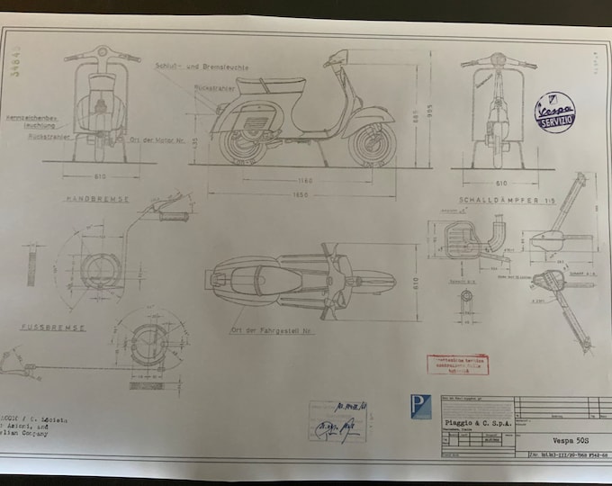 Vespa 50S 1968 construction drawing ART work blueprint