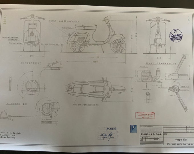 Vespa 50S 1968 construction drawing ART work blueprint