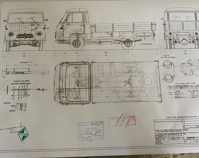 Borgward B 1500 Pritsche 1958 construction drawing ART work blueprint