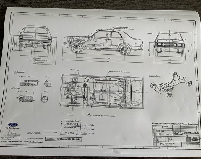 Ford Taunus 1600 GT 2-4 doors 1970 construction drawing ART work blueprint