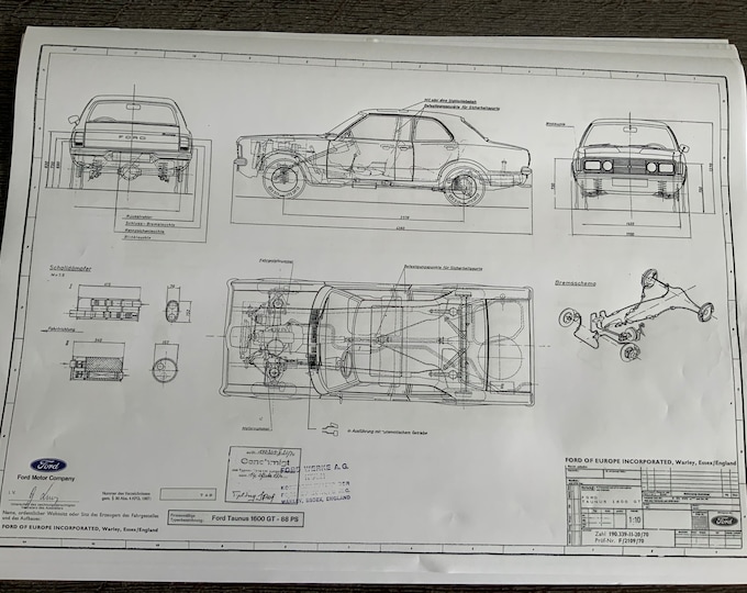 Ford Taunus 1600 GT 2-4 Door 1970 Construction Drawing ART work Blueprint