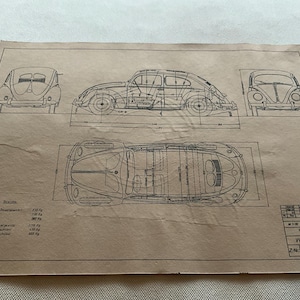 Split-window Beetle 1952 Type 11 VW Construction Drawing ART work
