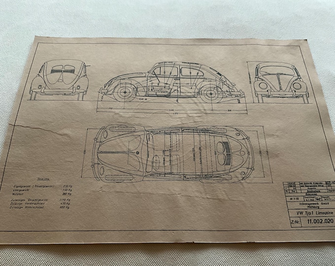 Pretzel Beetle 1952 Type 11 VW construction drawing ART work