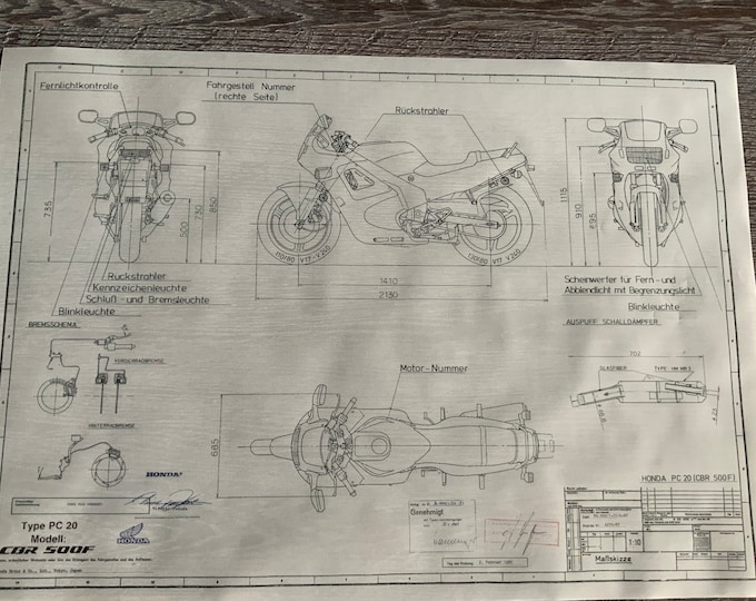 Honda CBR 500F PC20 1987 construction drawing ART work blueprint