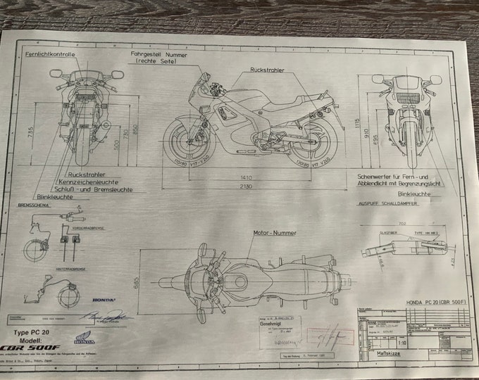 Honda CBR 500F PC20 1987 construction drawing ART work blueprint