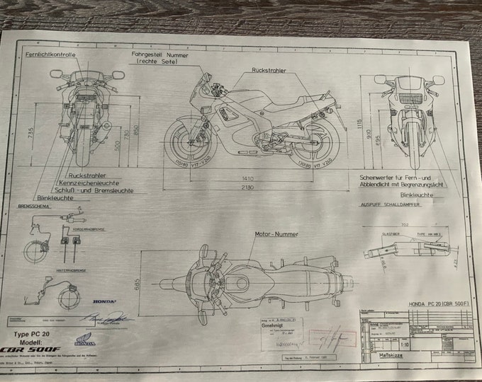 Honda CBR 500F PC20 1987 construction drawing ART work blueprint