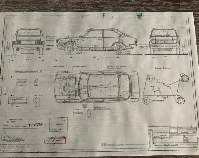 Toyota Corolla 1200 /73 Sedan 1972 construction drawing ART work blueprint