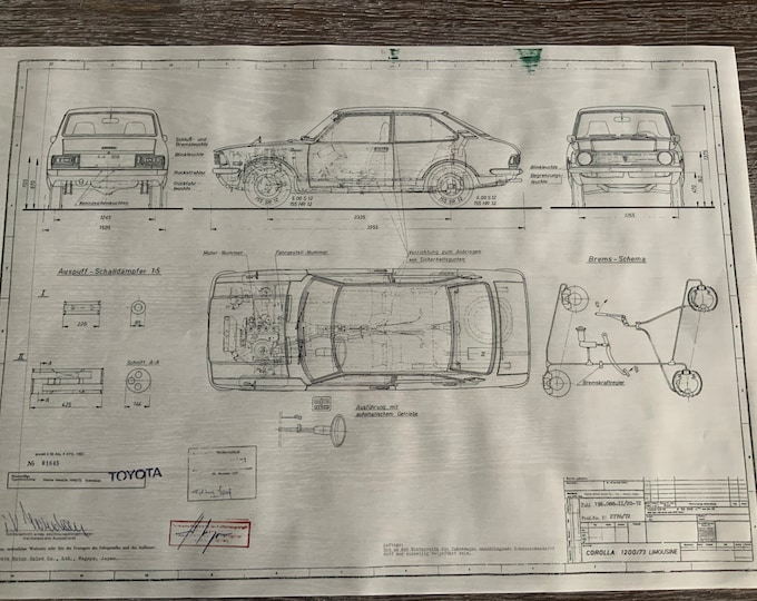 Toyota Corolla 1200 /73 Sedan 1972 construction drawing ART work blueprint