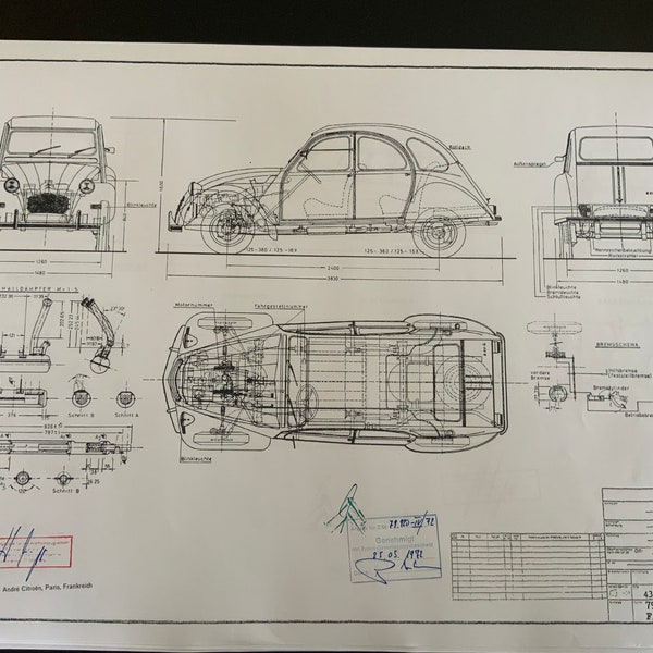 Citroën 2CV 4 1972 dessin de construction plan de travail ART