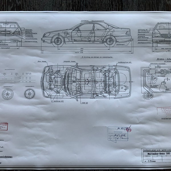 Mercedes 500 SEC W140 Coupé 1992 Konstruktionszeichnung ART work Blaupause