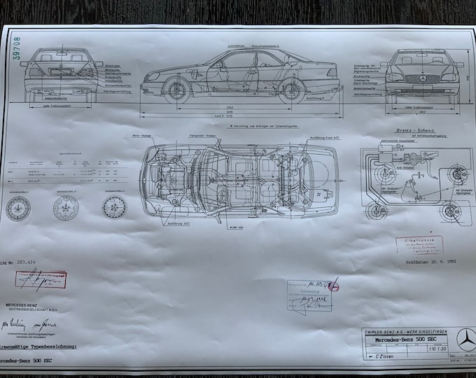 Mercedes 500 SEC W140 Coupé 1992 construction drawing ART work blueprint