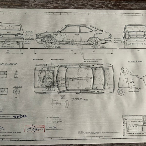 Toyota Corolla 1200 Coupe de Luxe 1972 construction drawing ART work blueprint
