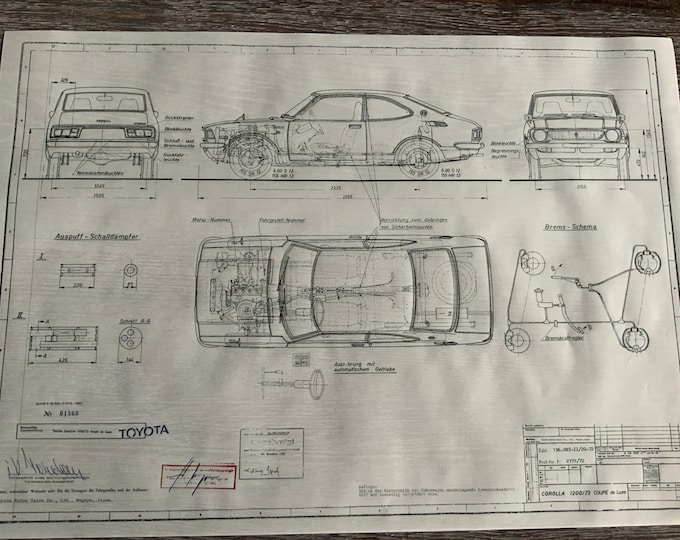 Toyota Corolla 1200 Coupe de Luxe 1972 construction drawing ART work blueprint