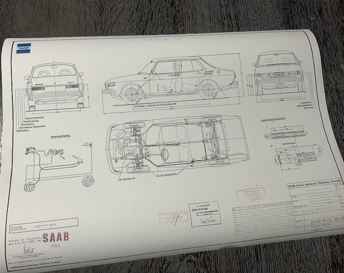 Saab 99 GL 108 PS 1975 construction drawing ART work Blueprint