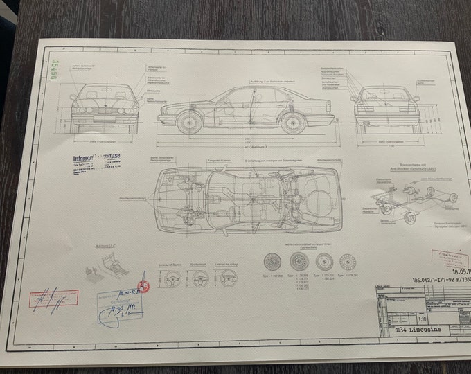 BMW E34 Limousine 1992 construction drawing ART work Blueprint