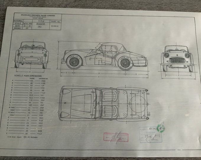 Triumph TR 3 1955 construction drawing ART work blueprint