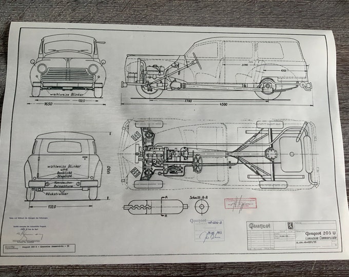 Peugeot 203 U Limousine Commerciale 1953 construction drawing ART work blueprint